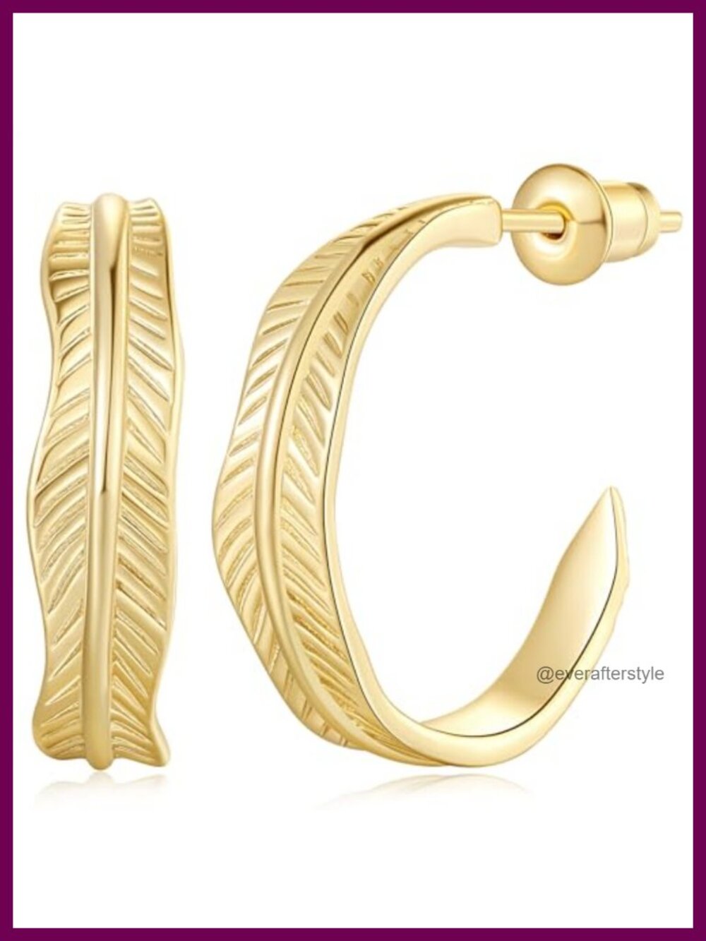 14k Gold Plated Hoop Earrings Women Banana Leaf Design 18mm